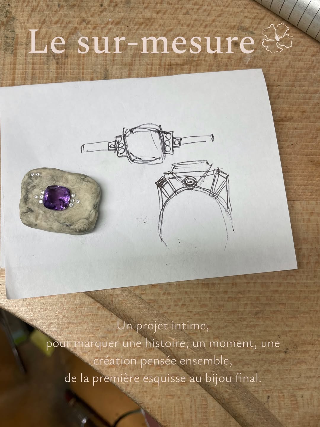 Esquisses au crayon d'une bague améthyste posées sur l'établi