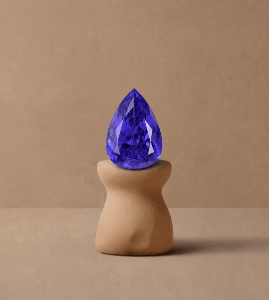 Tanzanite taille poire d'un bleu-violet intense présentée sur socle — atelier Précieuse, Bordeaux