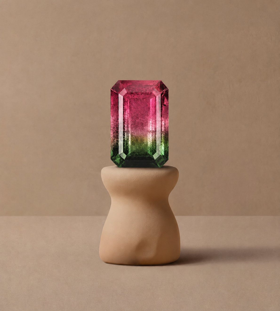 Tourmaline bicolore rose et verte, taille émeraude, présentée sur socle — atelier Précieuse, Bordeaux