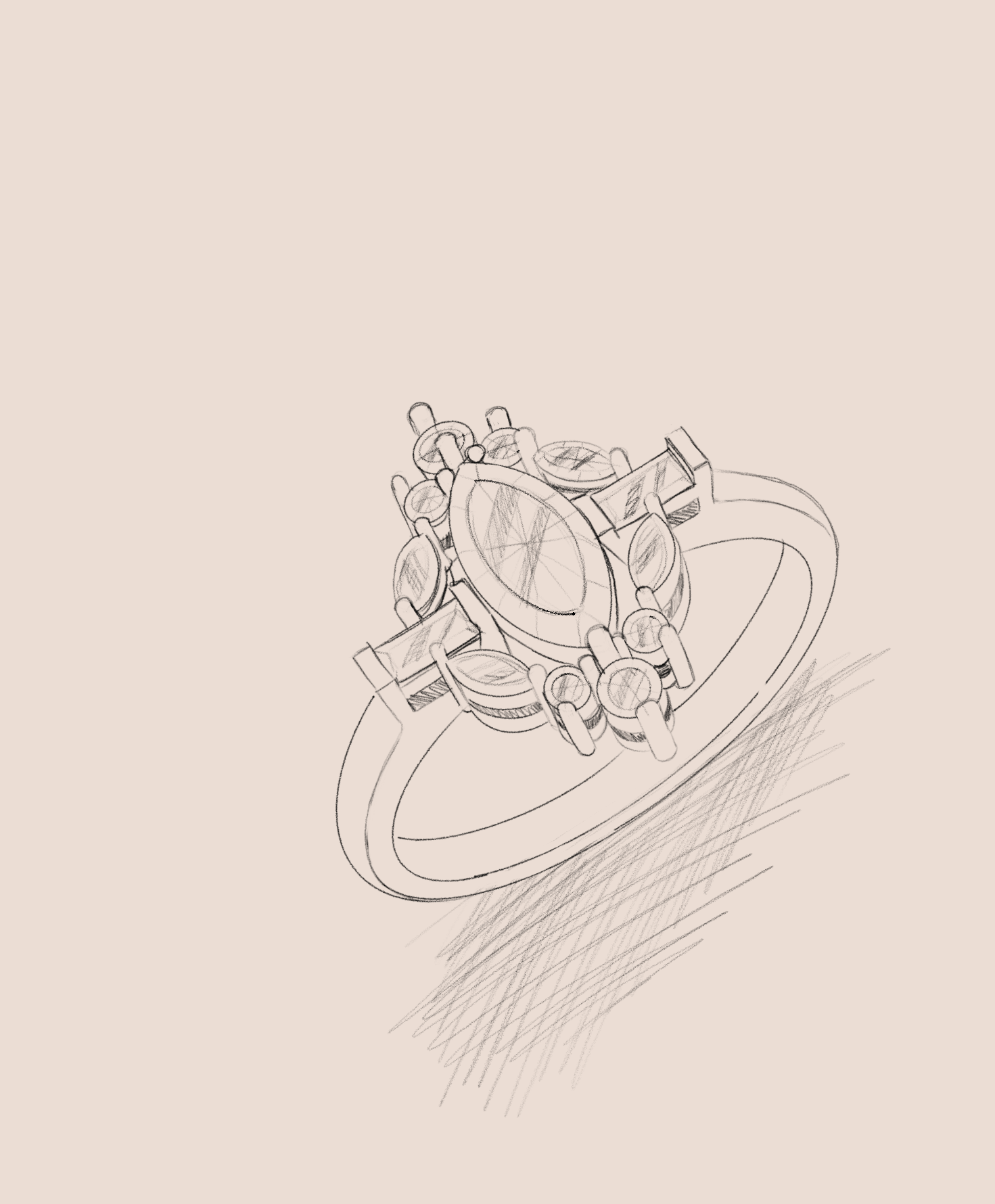 Dessin de la bague Eugénie, trilogie à pierre marquise et griffes fines — atelier Précieuse, Bordeaux
